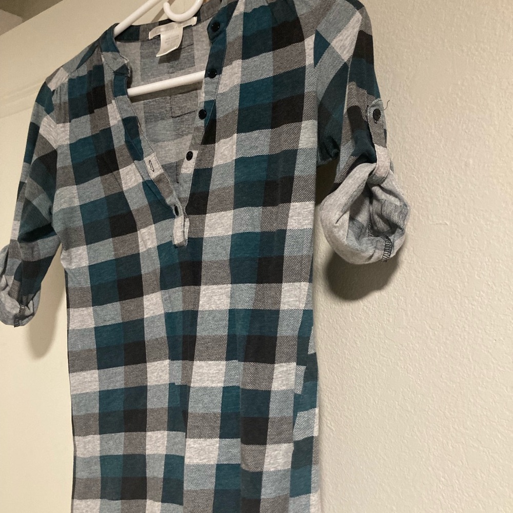 Charlotte Russe Blue and Gray Button Down Shirt with Mandarin Collar